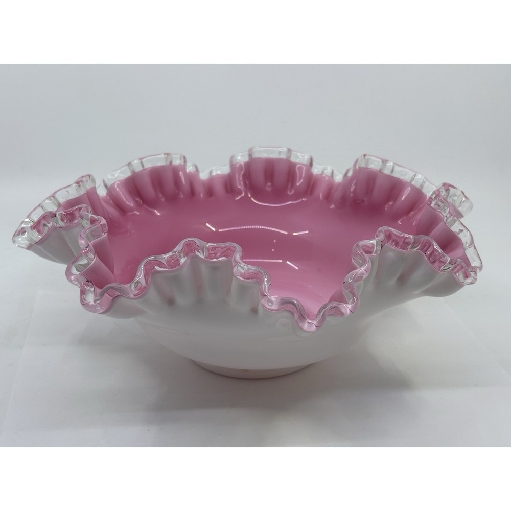 Vtg Fenton Pink And Milk Glass Ruffled Bowl